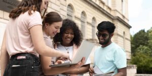 International students studying at a university campus in the Netherlands