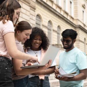 International students studying at a university campus in the Netherlands