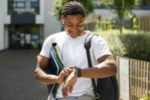 Student confidently entering an exam hall